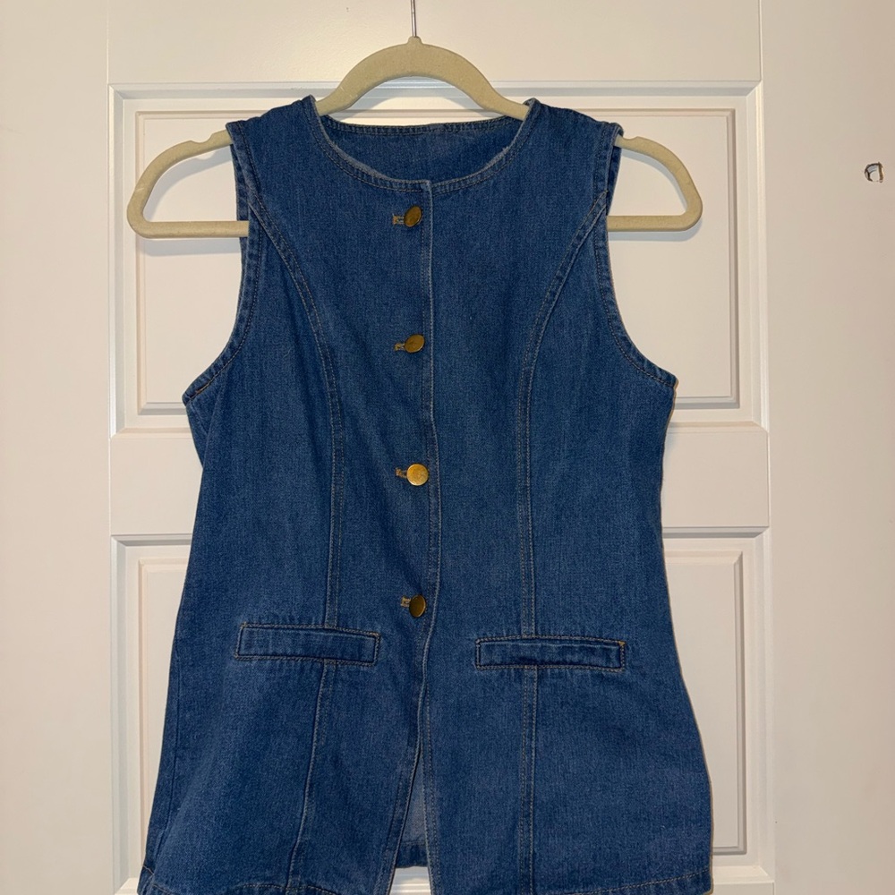 Blue Denim Sleeveless Vest Set with Gold Buttons and Matching Shorts - Picture 2 of 5